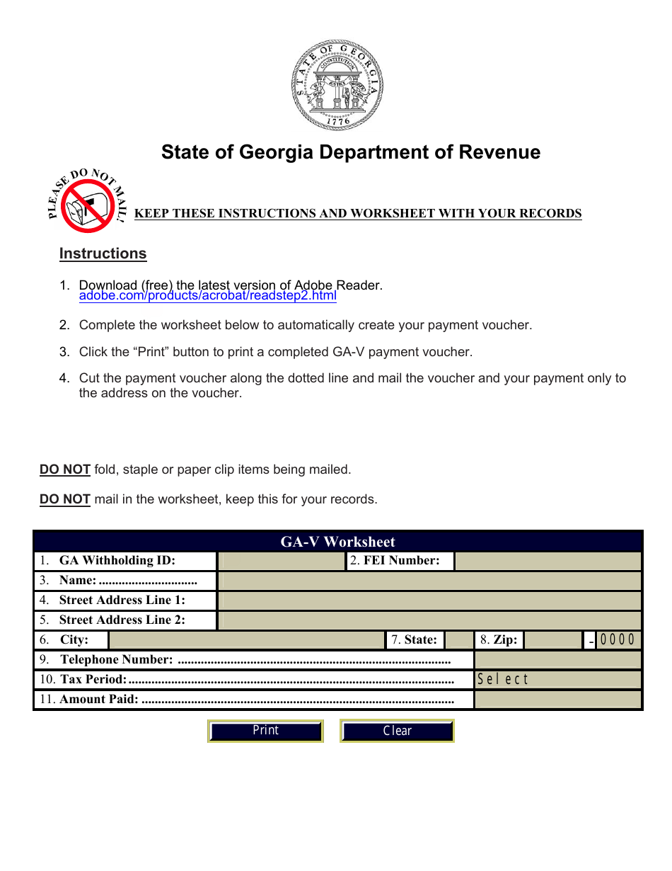Form GA-V Withholding Payment Voucher - Georgia (United States), Page 1