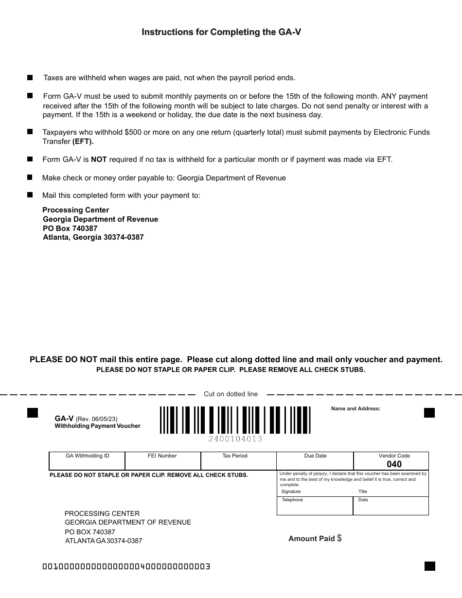 Form GA-V Withholding Payment Voucher - Georgia (United States), Page 2