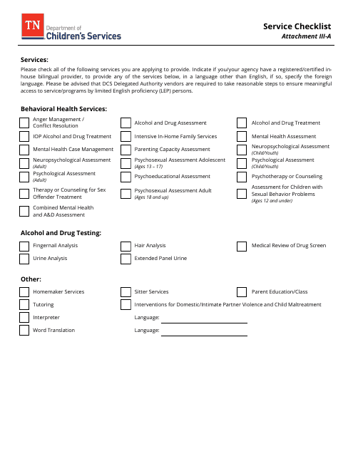 Attachment III-A Service Checklist - Tennessee