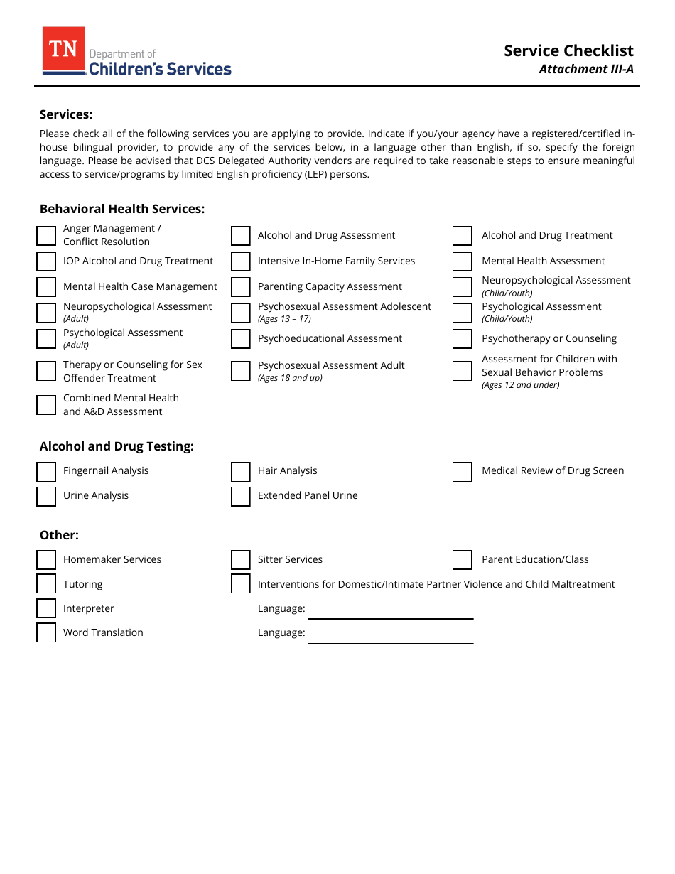 Attachment III-A Service Checklist - Tennessee, Page 1
