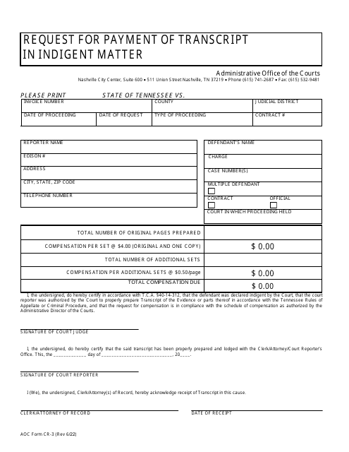 AOC Form CR-3 Request for Payment of Transcript in Indigent Matter - Tennessee
