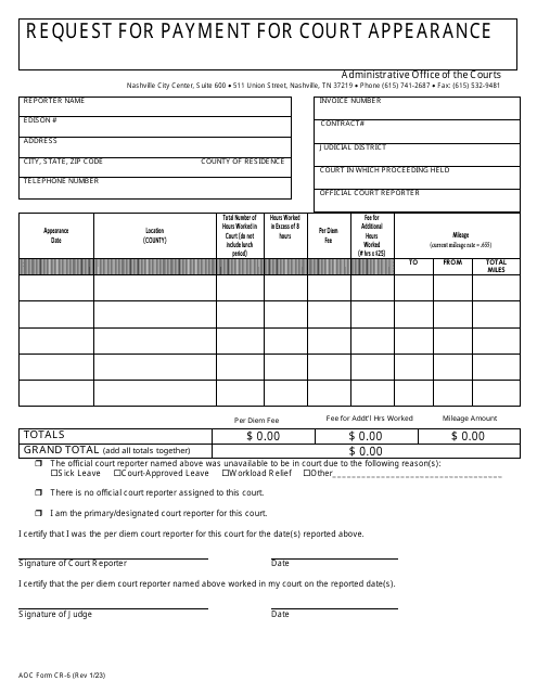 AOC Form CR-6 Request for Payment for Court Appearance - Tennessee