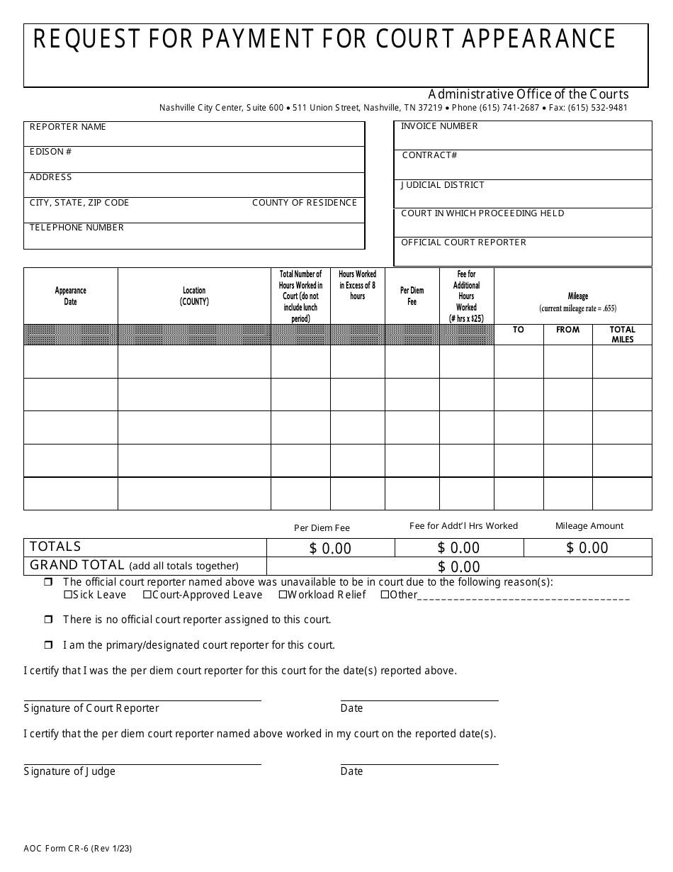 AOC Form CR-6 Request for Payment for Court Appearance - Tennessee, Page 1