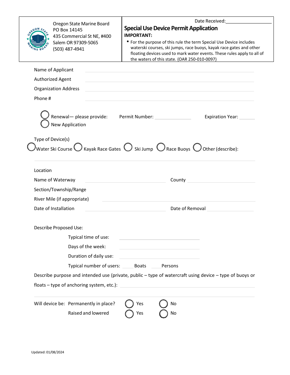 Special Use Device Permit Application - Oregon, Page 1