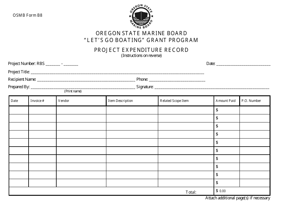 OSMB Form B8 Project Expenditure Record - Lets Go Boating Grant Program - Oregon, Page 1
