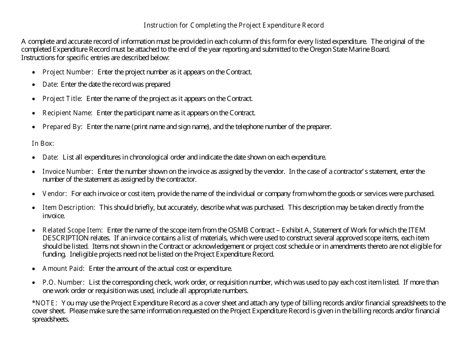 OSMB Form B8 Project Expenditure Record - Lets Go Boating Grant Program - Oregon, Page 2