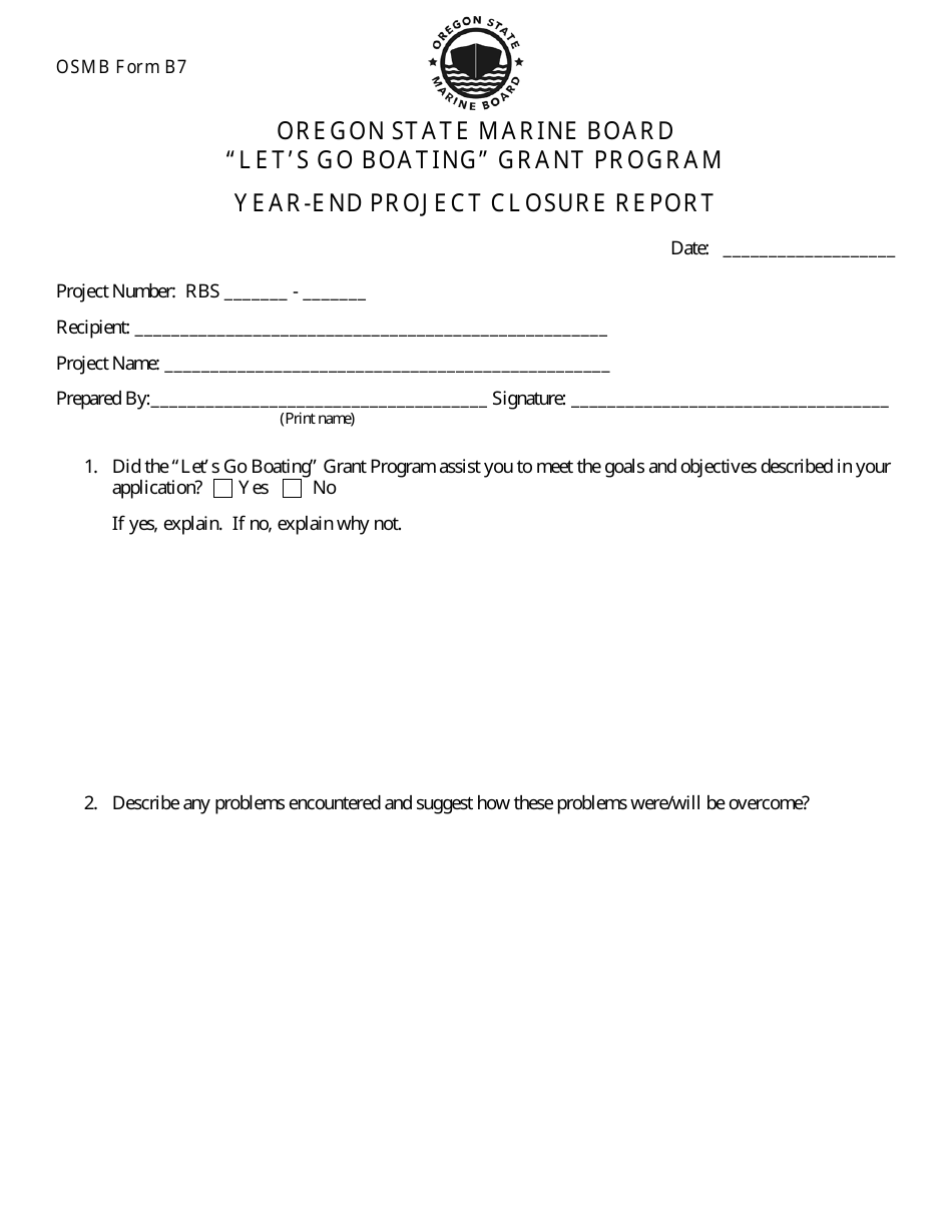 OSMB Form B7 Year-End Project Closure Report - lets Go Boating Grant Program - Oregon, Page 1