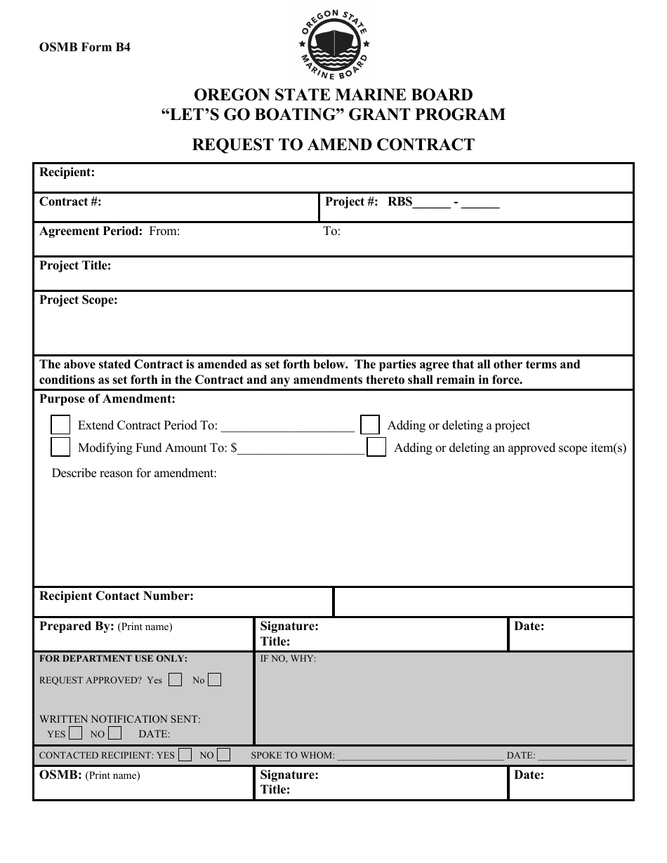 OSMB Form B4 Request to Amend Contract - lets Go Boating Grant Program - Oregon, Page 1