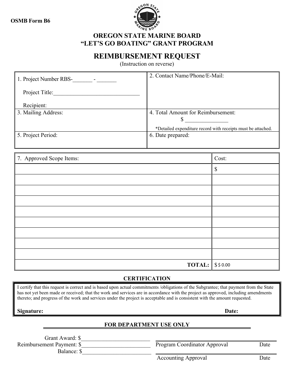 OSMB Form B6 Reimbursement Request - lets Go Boating Grant Program - Oregon, Page 1