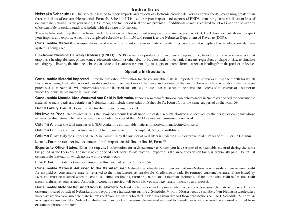 Form 56 Schedule IV Consumable Material Greater Than 3ml Imported or Manufactured and Exported - Nebraska, Page 2