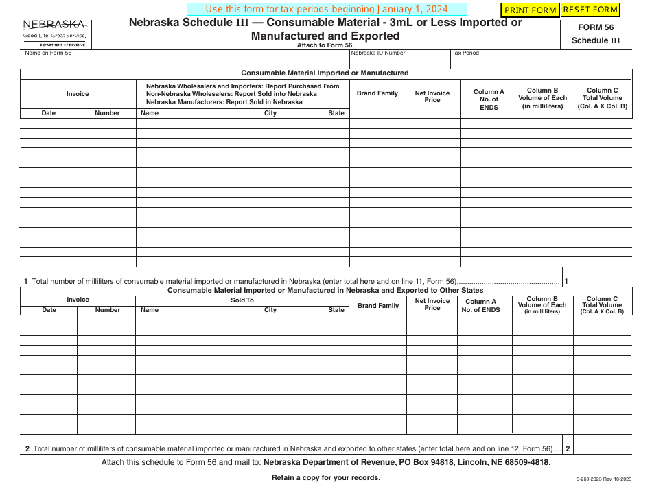 Form 56 Schedule III Consumable Material - 3ml or Less Imported or Manufactured and Exported - Nebraska, Page 1