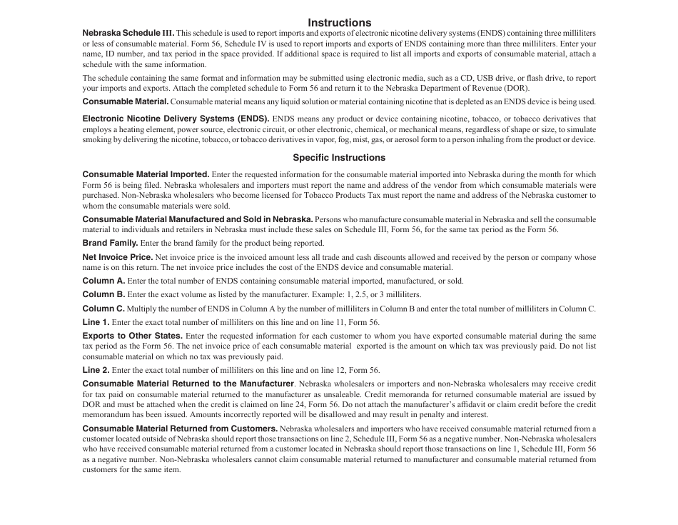 Form 56 Schedule III Consumable Material - 3ml or Less Imported or Manufactured and Exported - Nebraska, Page 2