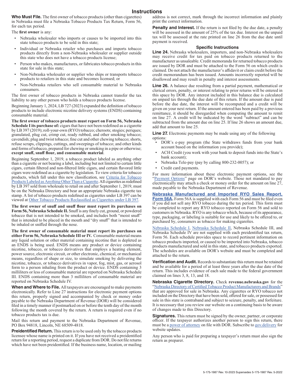 Form 56 Nebraska Tobacco Products Tax Return for Products Other Than Cigarettes - Nebraska, Page 2