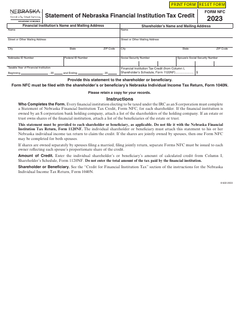 Form NFC Statement of Nebraska Financial Institution Tax Credit - Nebraska, 2023