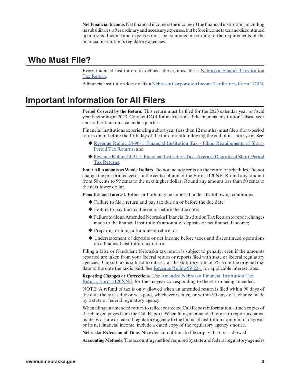 Form 1120NF Nebraska Financial Institution Tax Return - Nebraska, Page 3