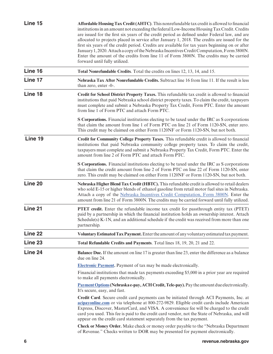 Form 1120NF Nebraska Financial Institution Tax Return - Nebraska, Page 6