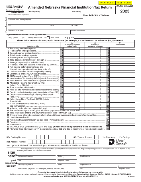 Form 1120XNF Amended Nebraska Financial Institution Tax Return - Nebraska, 2023