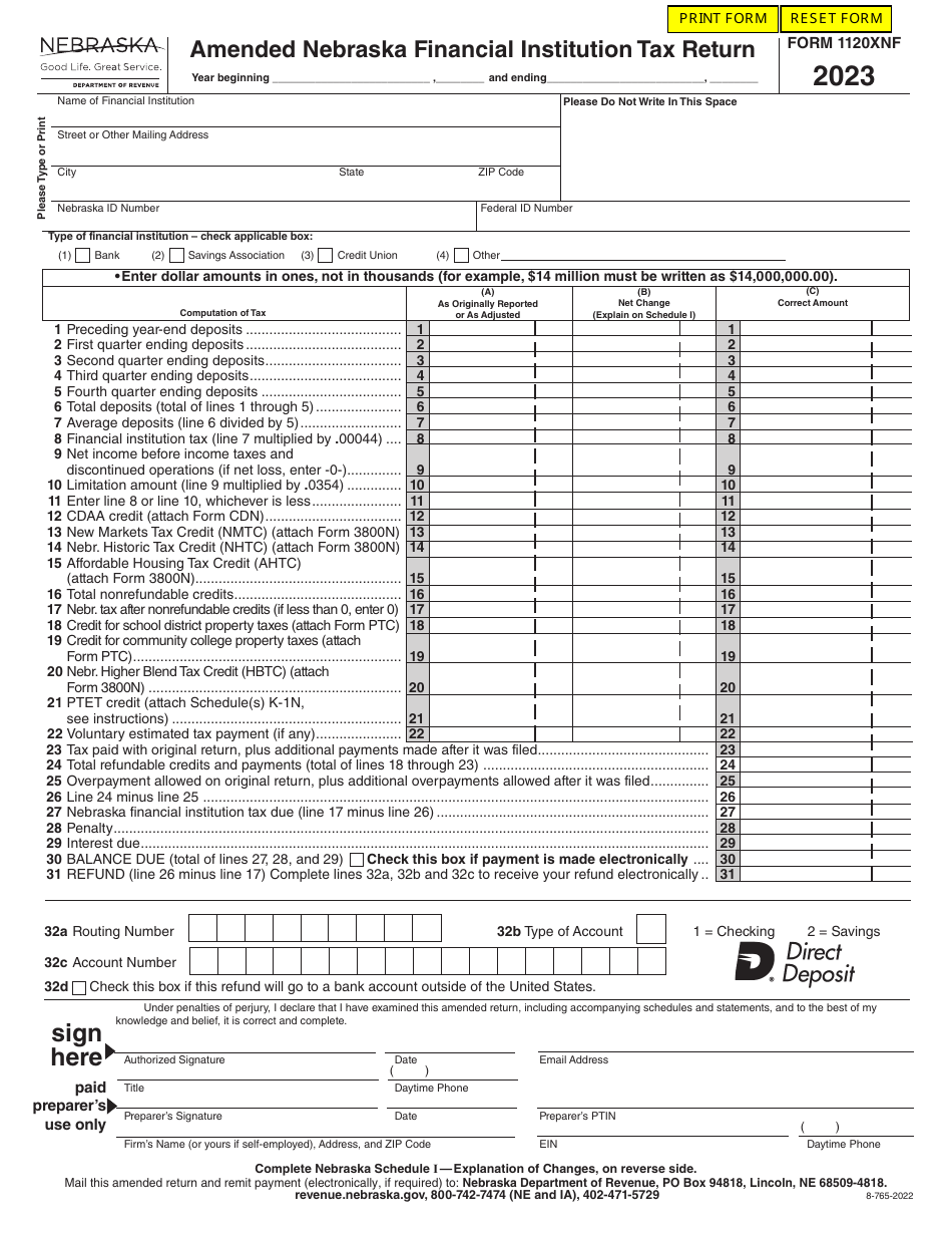 Form 1120XNF Amended Nebraska Financial Institution Tax Return - Nebraska, Page 1