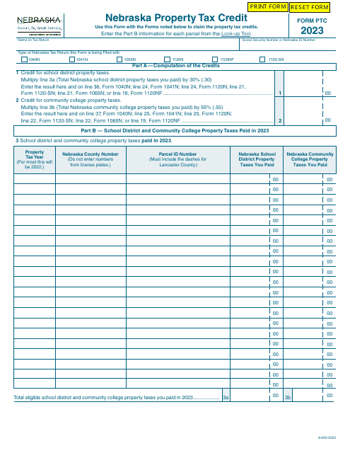 Form PTC Nebraska Property Tax Credit - Nebraska, 2023