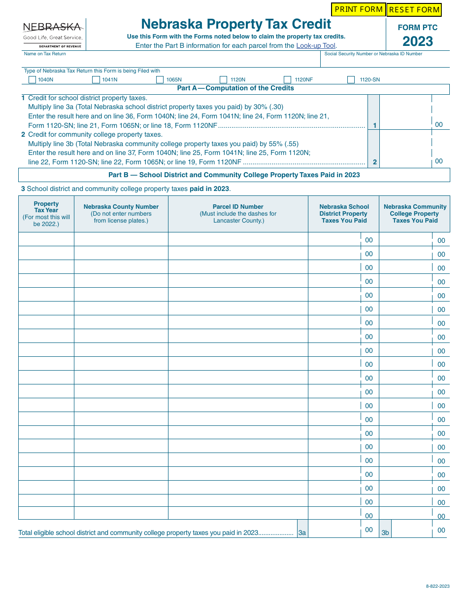 Form PTC Nebraska Property Tax Credit - Nebraska, Page 1