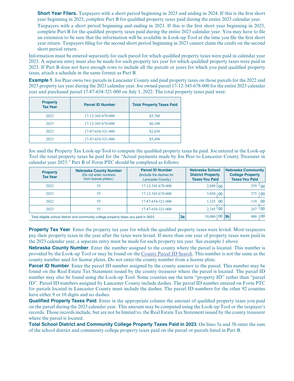 Form PTC Download Fillable PDF or Fill Online Nebraska Property Tax Credit 2023, Nebraska