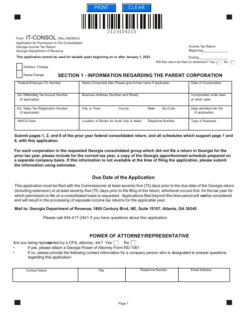 Form IT-CONSOL Application for Permission to File Consolidated - Georgia (United States)