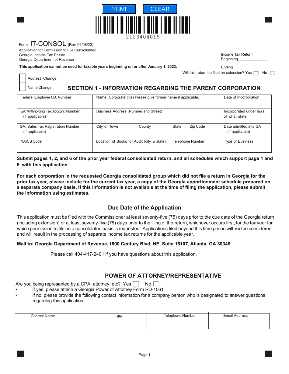 Form IT-CONSOL Application for Permission to File Consolidated - Georgia (United States), Page 1