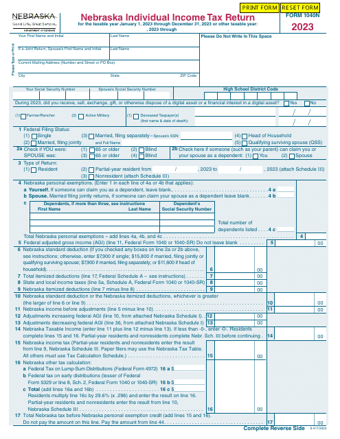 Form 1040N Nebraska Individual Income Tax Return - Nebraska, 2023