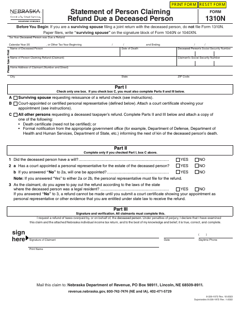 Form 1310N Statement of Person Claiming Refund Due a Deceased Person - Nebraska