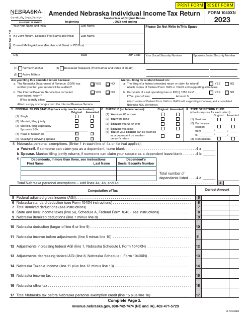 Form 1040XN Amended Nebraska Individual Income Tax Return - Nebraska, 2023