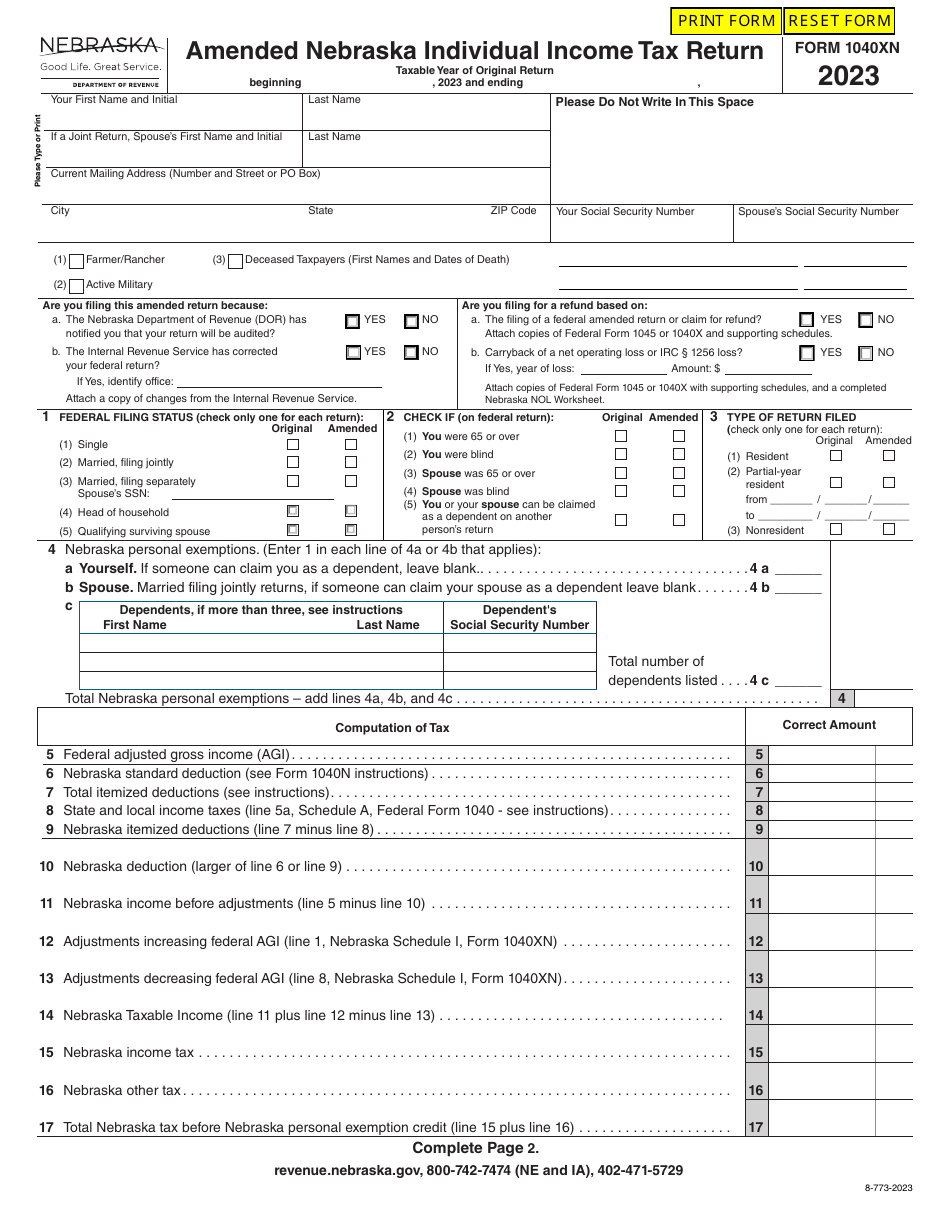 Form 1040XN Amended Nebraska Individual Income Tax Return - Nebraska, Page 1