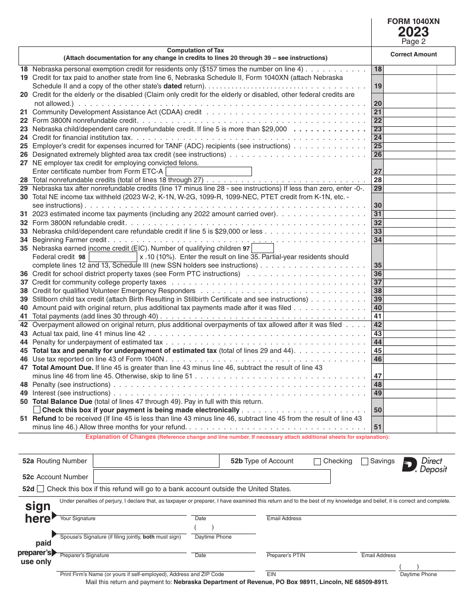 Form 1040XN Amended Nebraska Individual Income Tax Return - Nebraska, Page 2
