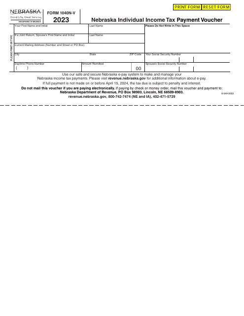 Form 1040N-V Nebraska Individual Income Tax Payment Voucher - Nebraska, 2023