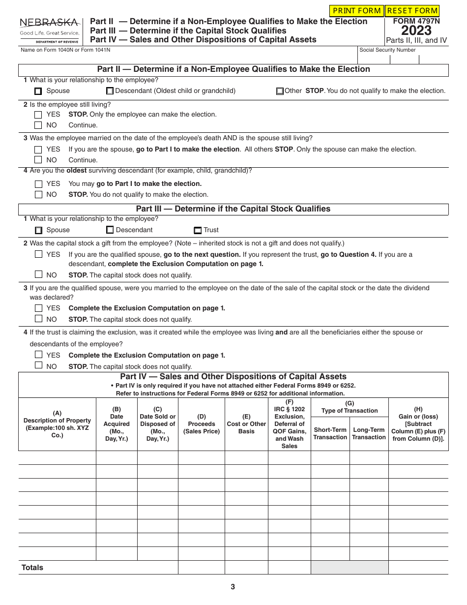 Form 4797N Special Capital Gains / Extraordinary Dividend Election and Computation - Nebraska, Page 3