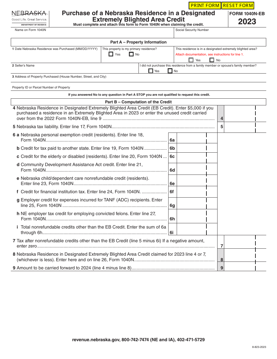 Form 1040N-EB Purchase of a Nebraska Residence in a Designated Extremely Blighted Area Credit - Nebraska, Page 1