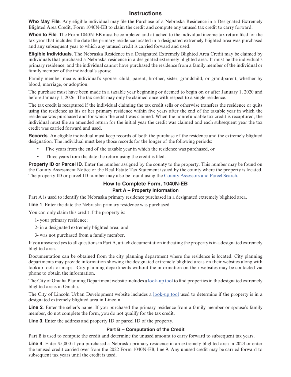 Form 1040N-EB Purchase of a Nebraska Residence in a Designated Extremely Blighted Area Credit - Nebraska, Page 2