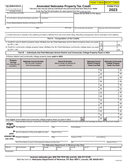 Form PTCX Amended Nebraska Property Tax Credit - Nebraska, 2023
