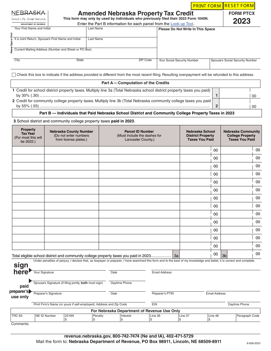 Form PTCX Amended Nebraska Property Tax Credit - Nebraska, Page 1