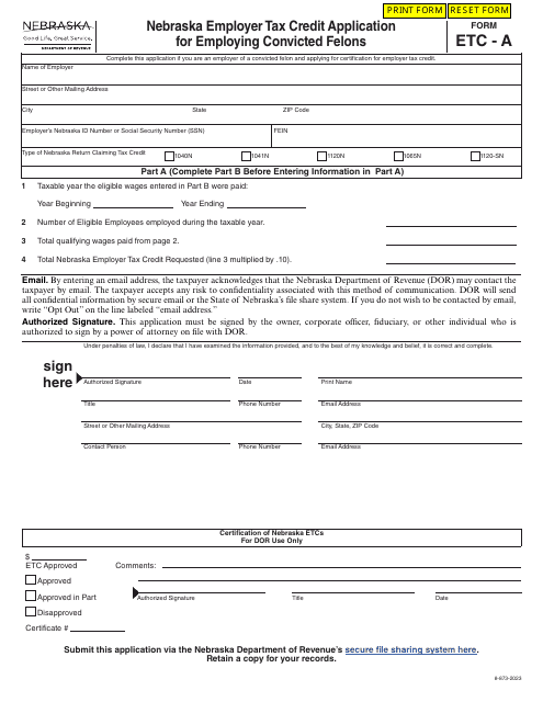 Form ETC-A Nebraska Employer Tax Credit Application for Employing Convicted Felons - Nebraska