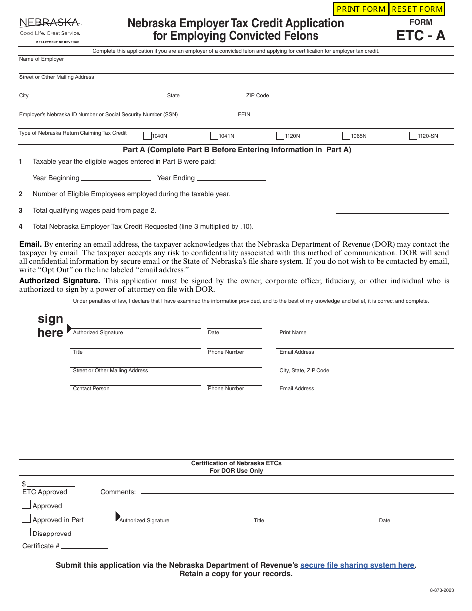 Form ETC-A Nebraska Employer Tax Credit Application for Employing Convicted Felons - Nebraska, Page 1