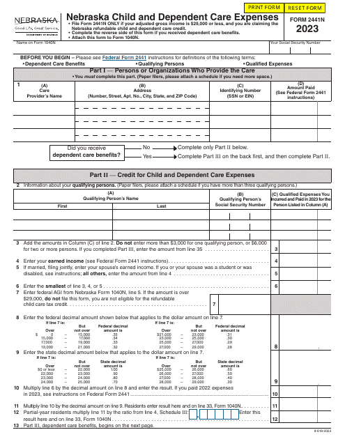 Form 2441N Nebraska Child and Dependent Care Expenses - Nebraska, 2023