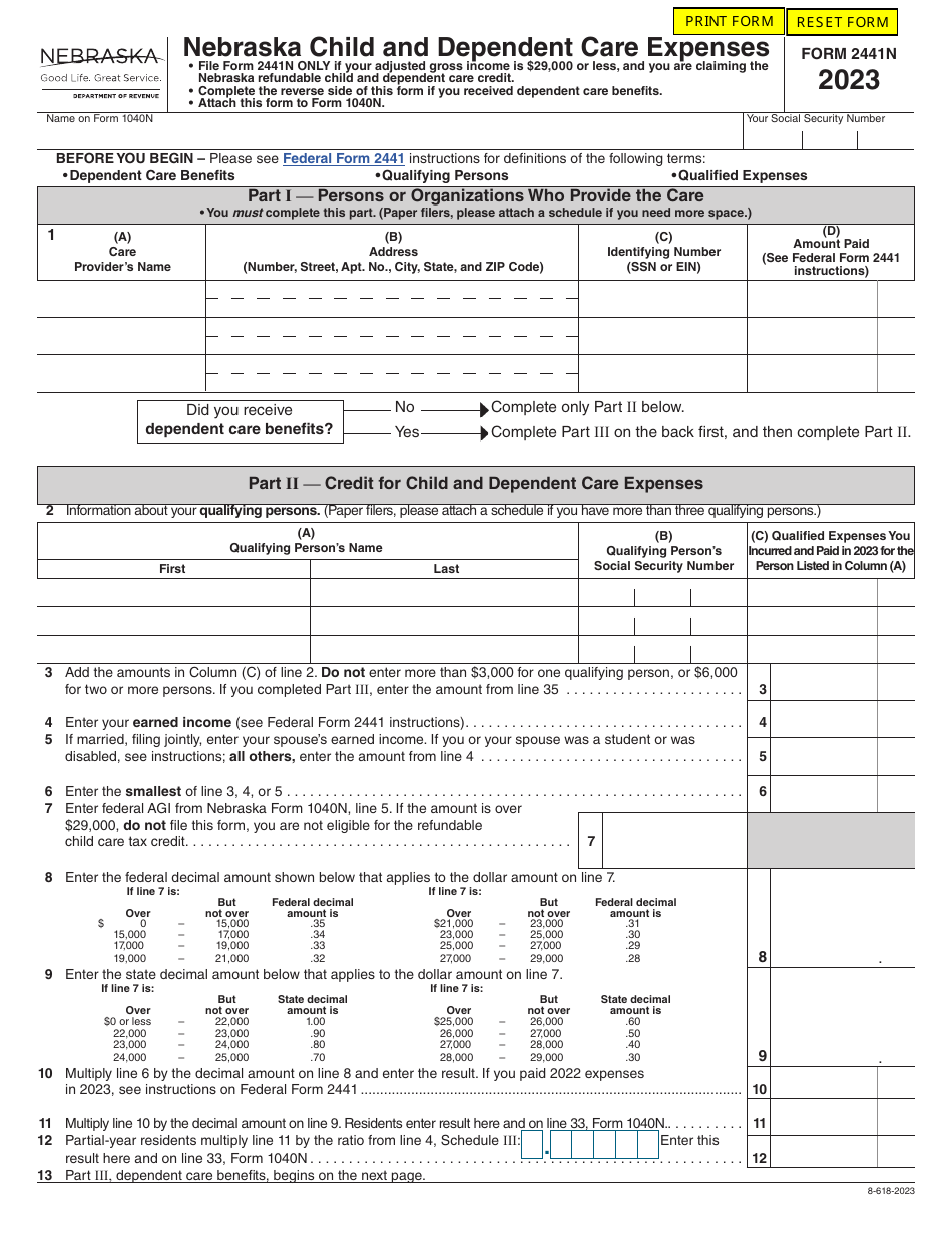 Form 2441N Nebraska Child and Dependent Care Expenses - Nebraska, Page 1