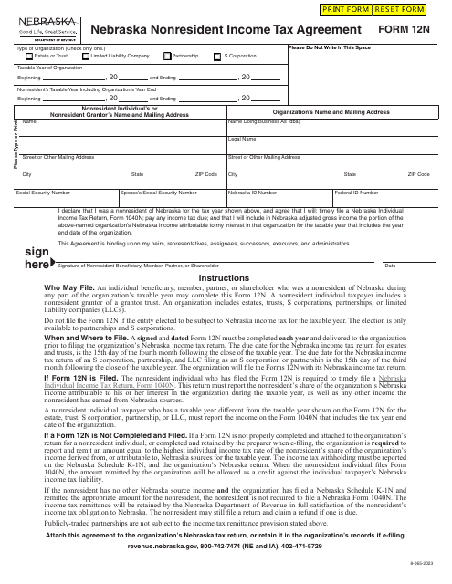 Form 12N Nebraska Nonresident Income Tax Agreement - Nebraska