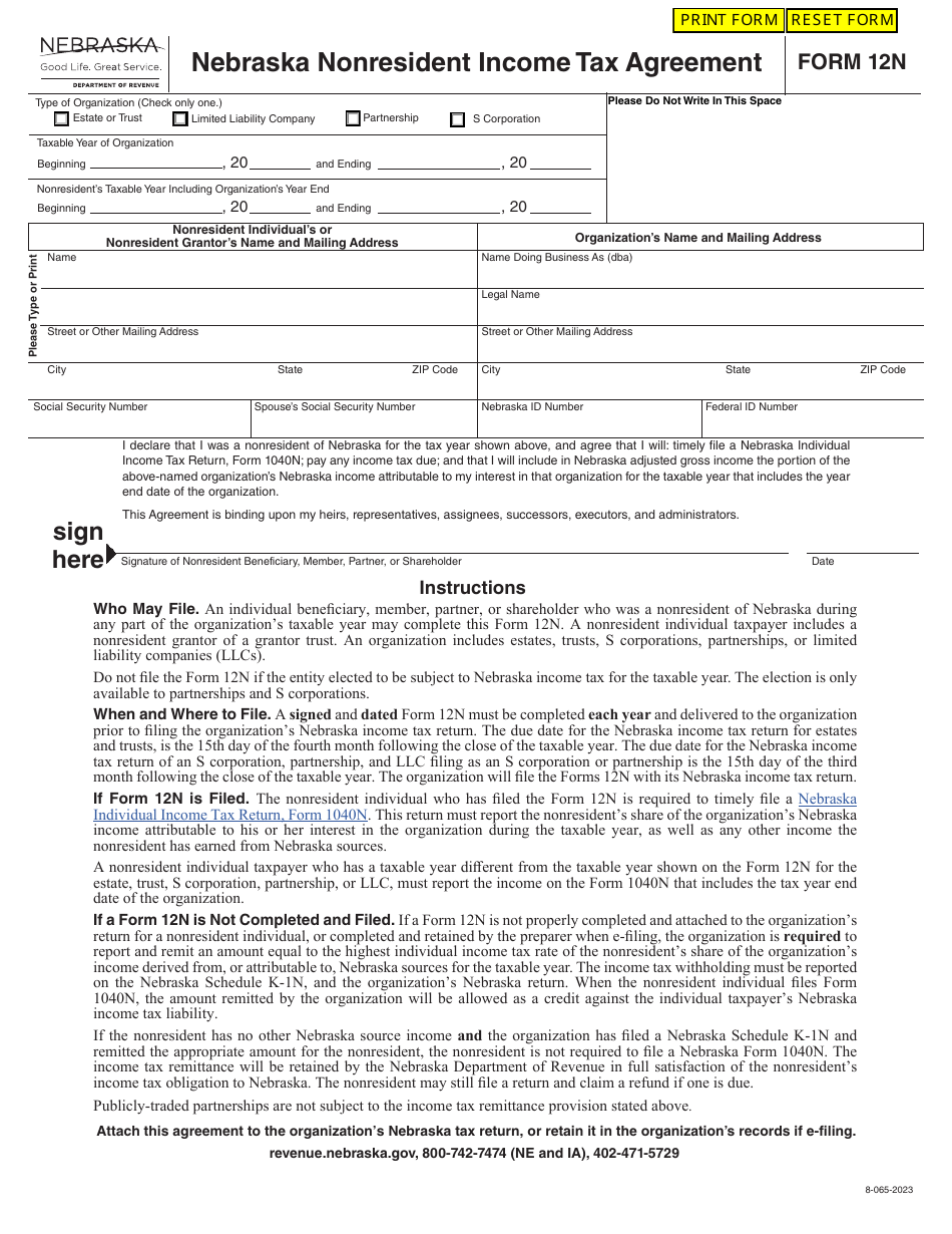Form 12N Nebraska Nonresident Income Tax Agreement - Nebraska, Page 1