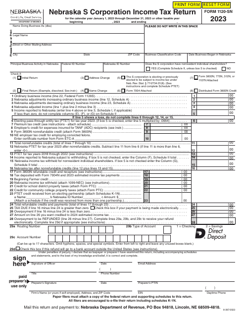 Form 1120-SN Nebraska S Corporation Income Tax Return - Nebraska, 2023