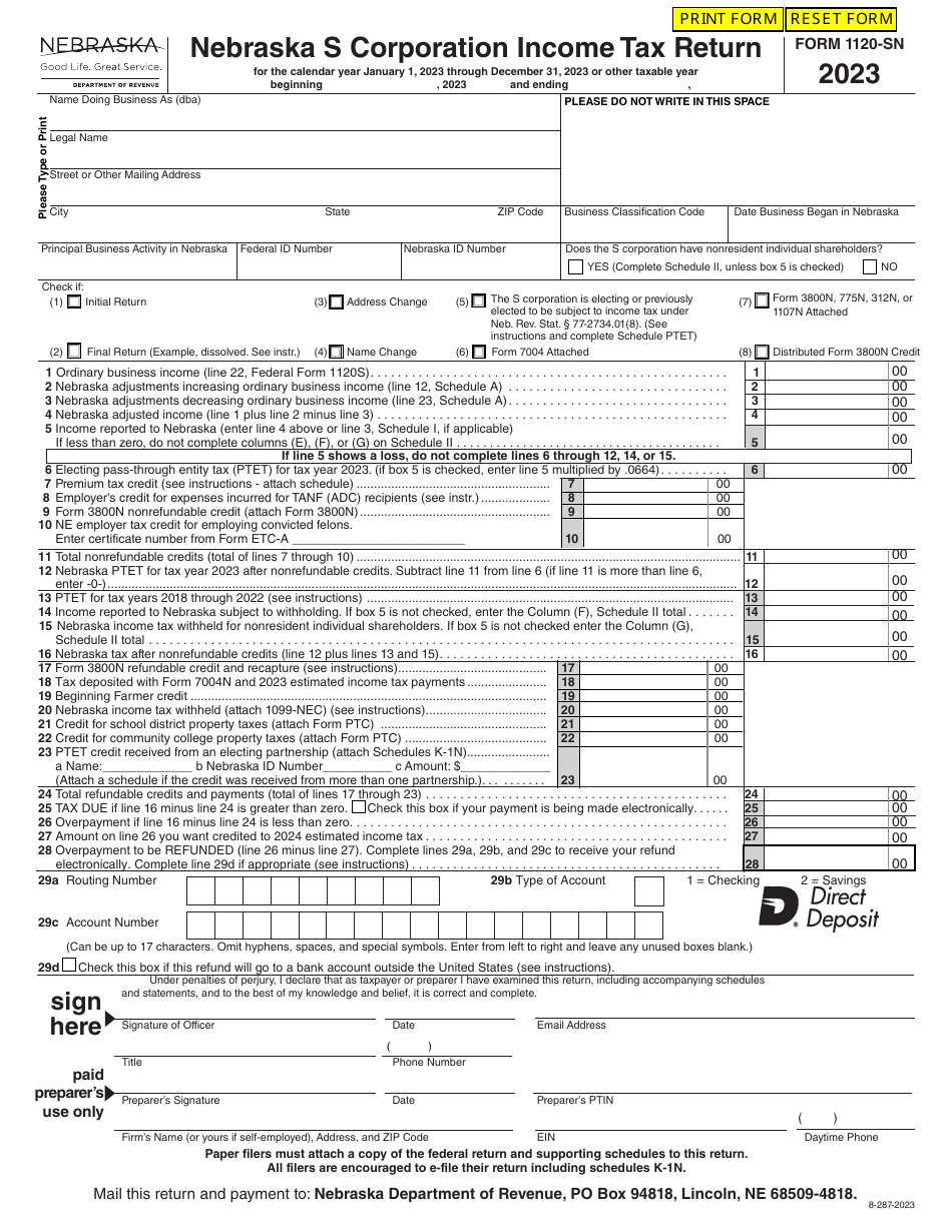 Form 1120-SN Nebraska S Corporation Income Tax Return - Nebraska, Page 1