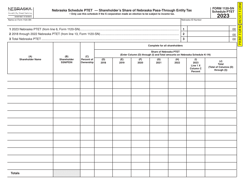 Form 1120-SN Schedule PTET Shareholder's Share of Nebraska Pass-Through Entity Tax - Nebraska, 2023