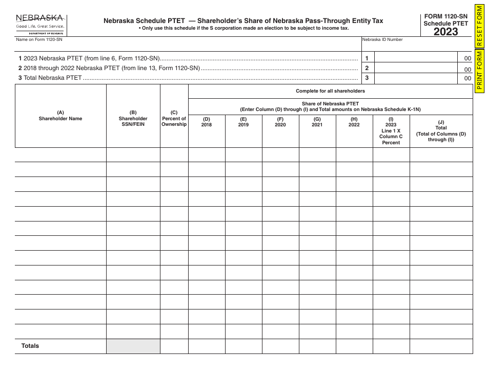 Form 1120-SN Schedule PTET Shareholders Share of Nebraska Pass-Through Entity Tax - Nebraska, Page 1