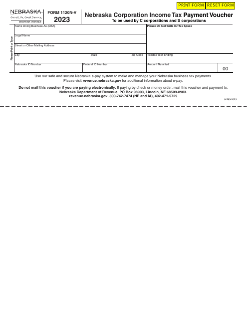 Form 1120N-V Nebraska Corporation Income Tax Payment Voucher - Nebraska, 2023