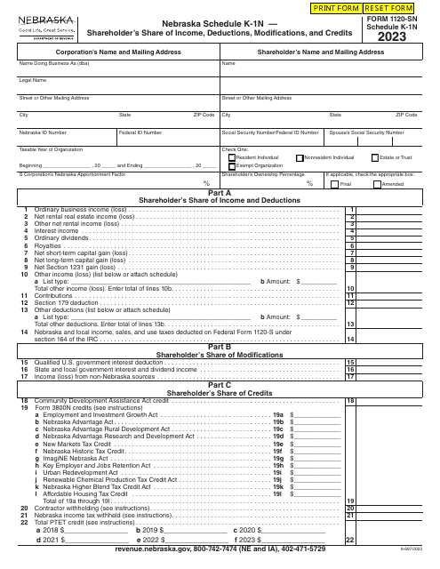 Form 1120-SN Schedule K-1N Shareholder's Share of Income, Deductions, Modifications, and Credits - Nebraska, 2023